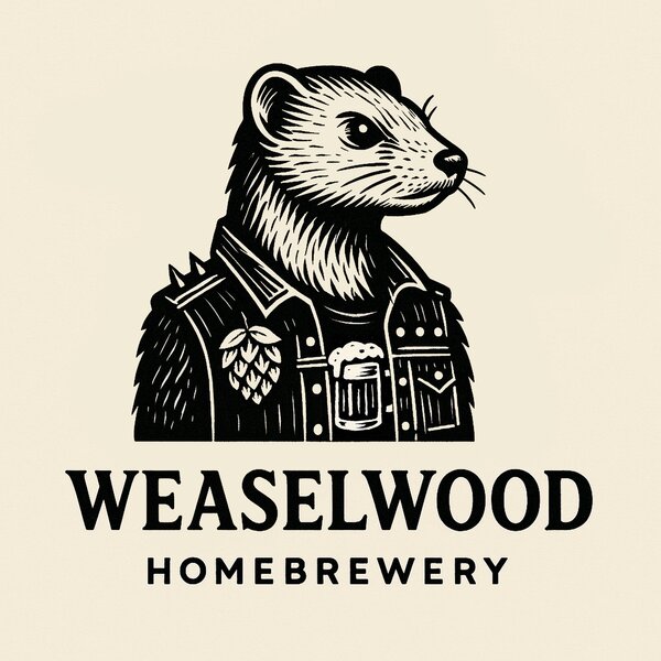 Weaselwood Homebrewery — a weasel in spiked armor, woodcut style
