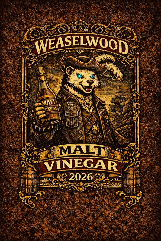 Weaselwood Malt Vinegar 2026 label — pirate weasel with a bottle