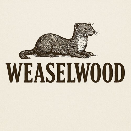 Weaselwood woodcut logo — weasel in repose